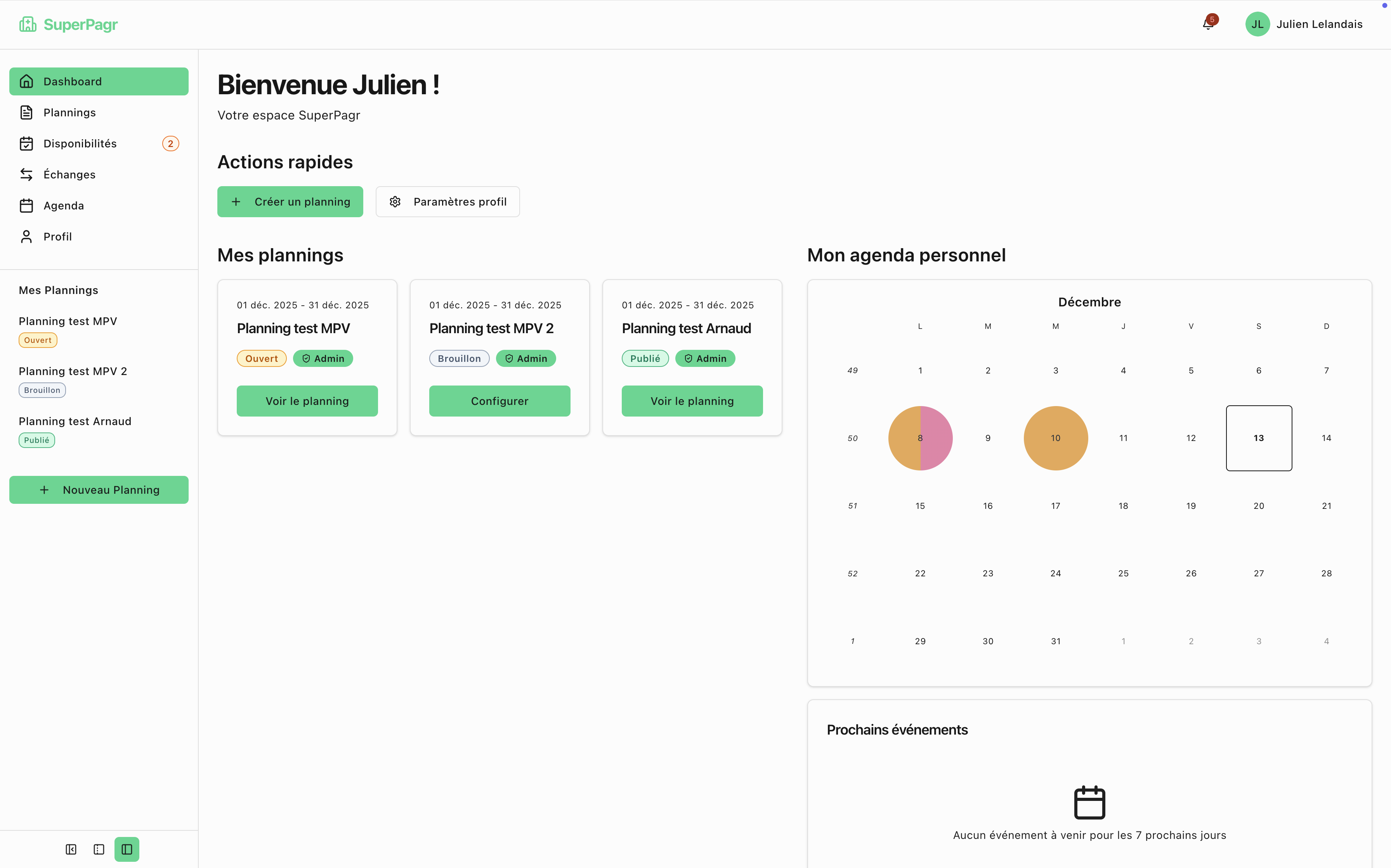 Dashboard de Planning de Garde montrant l'interface de gestion des plannings médicaux et d'astreintes